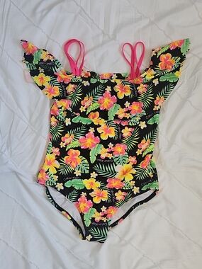 Calvin Klein Black One-Piece Swimsuit with Neon Pink, Yellow & Green Accents
